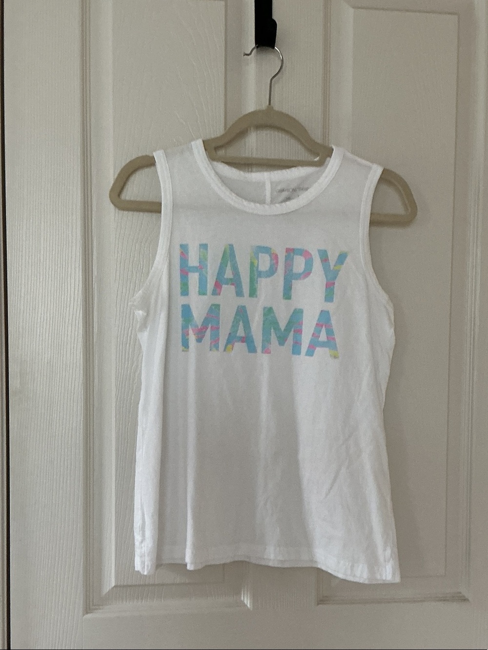 Grayson Threads White Tank with Pastel Multicolor "HAPPY MAMA" Print